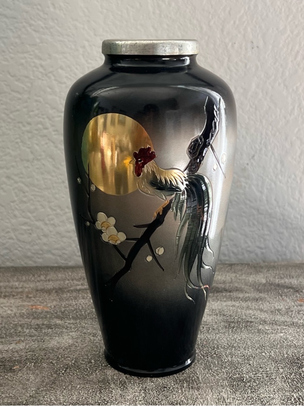 Vintage Japanese mixed metal bronze 8" vase with Rooster, Sun and Plum Blossoms